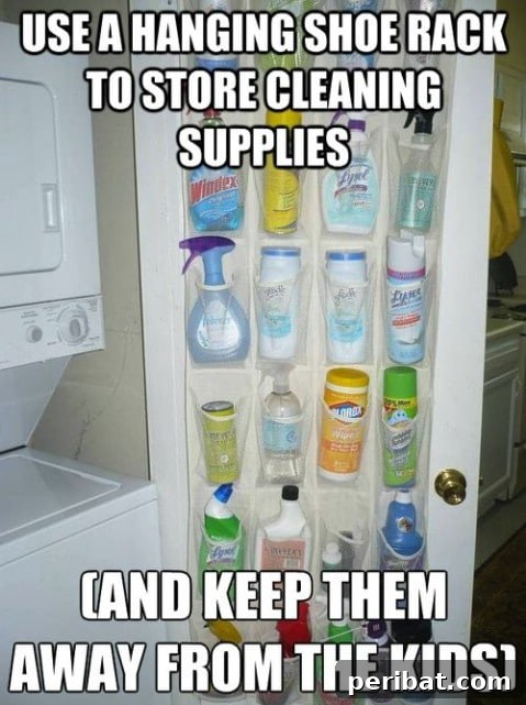 250 Smart Life Hacks to Simplify Your Life 205 Hanging shoe rack for cleaning supplies storage