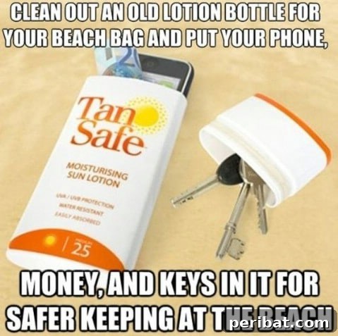 250 Smart Life Hacks to Simplify Your Life 206 Lotion bottle as a beach bag for hiding valuables