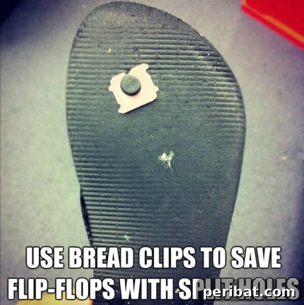 250 Smart Life Hacks to Simplify Your Life 46 Flip flop repair hack with a bread tag