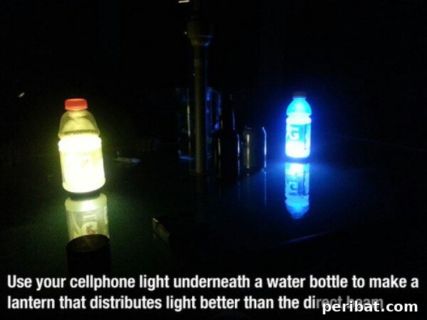 250 Smart Life Hacks to Simplify Your Life 55 DIY light source using a water bottle and phone flashlight