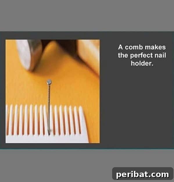 250 Smart Life Hacks to Simplify Your Life 74 Using a comb to protect fingers while hammering