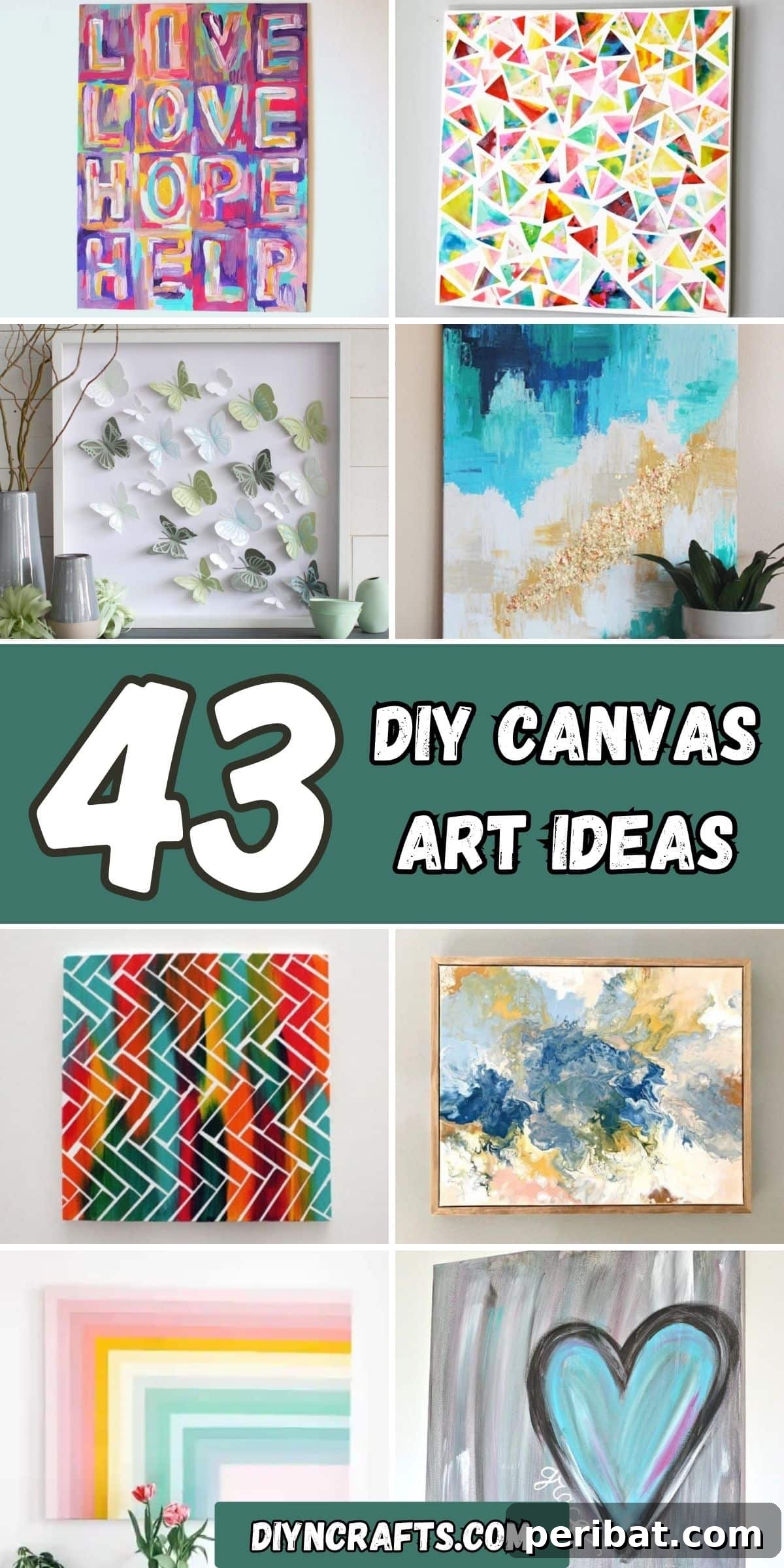 43 Easy DIY Canvas Art Projects for Stunning Home Decor 2 A vibrant collage of 43 diverse DIY canvas art ideas, showcasing various styles and techniques perfect for home decoration.