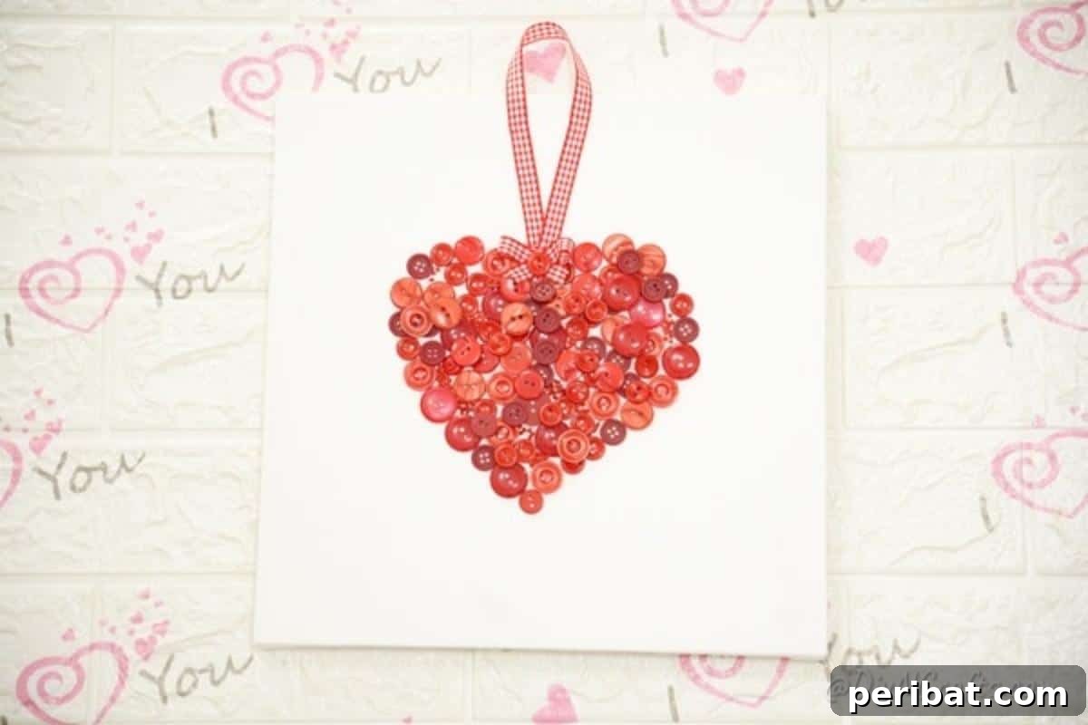 43 Easy DIY Canvas Art Projects for Stunning Home Decor 3 Adorable Button Heart Canvas Wall Art featuring a heart shape made from various colorful buttons.