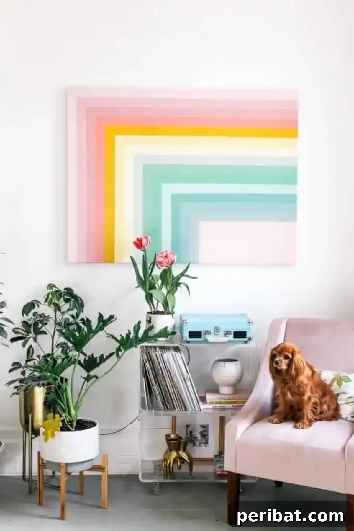 43 Easy DIY Canvas Art Projects for Stunning Home Decor 22 DIY Color Block Rainbow Wall Art featuring distinct blocks of vibrant rainbow colors arranged on a canvas.