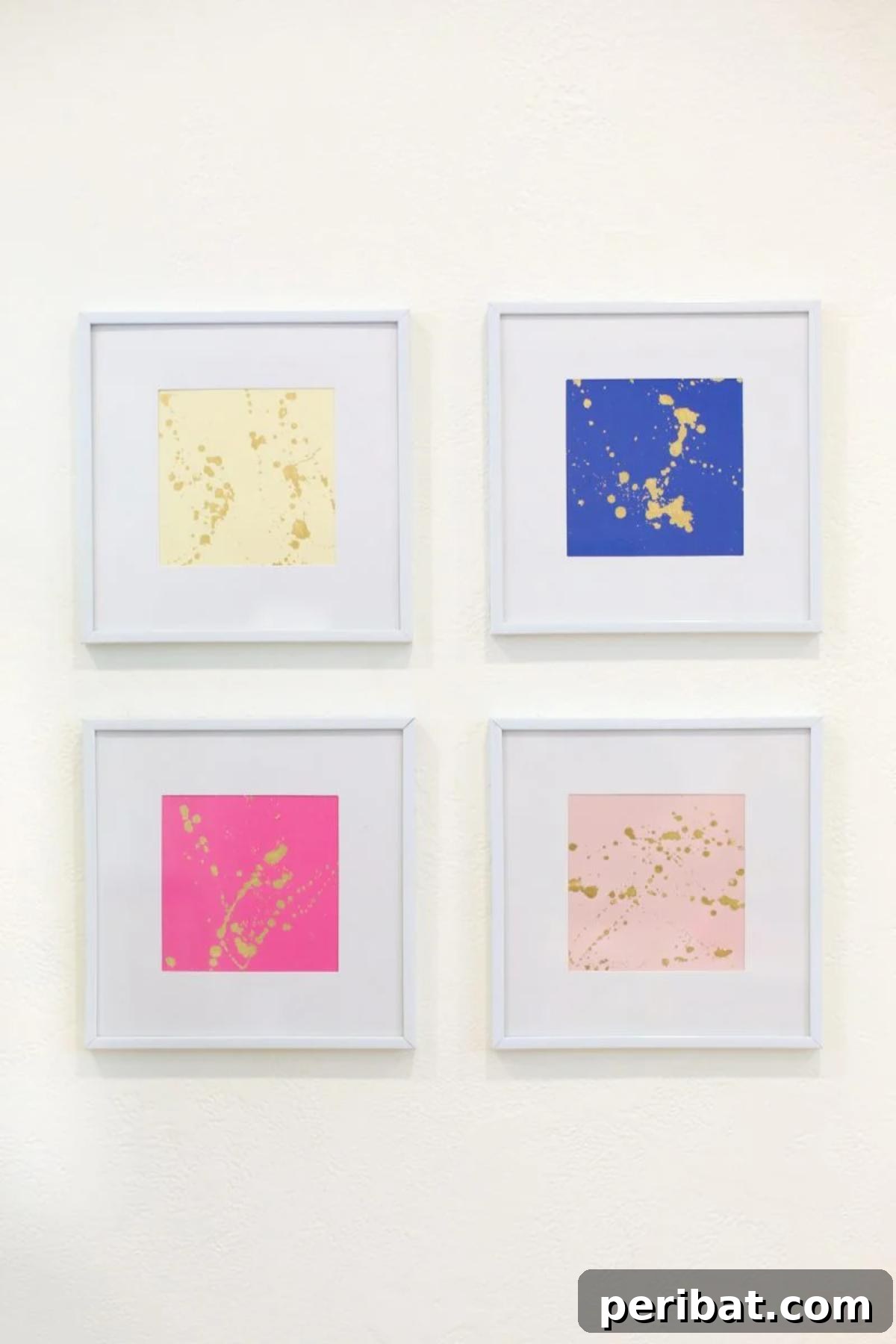 43 Easy DIY Canvas Art Projects for Stunning Home Decor 25 DIY Gold Leaf Splatter Print showcasing metallic gold flecks against a dark background for a luxurious effect.