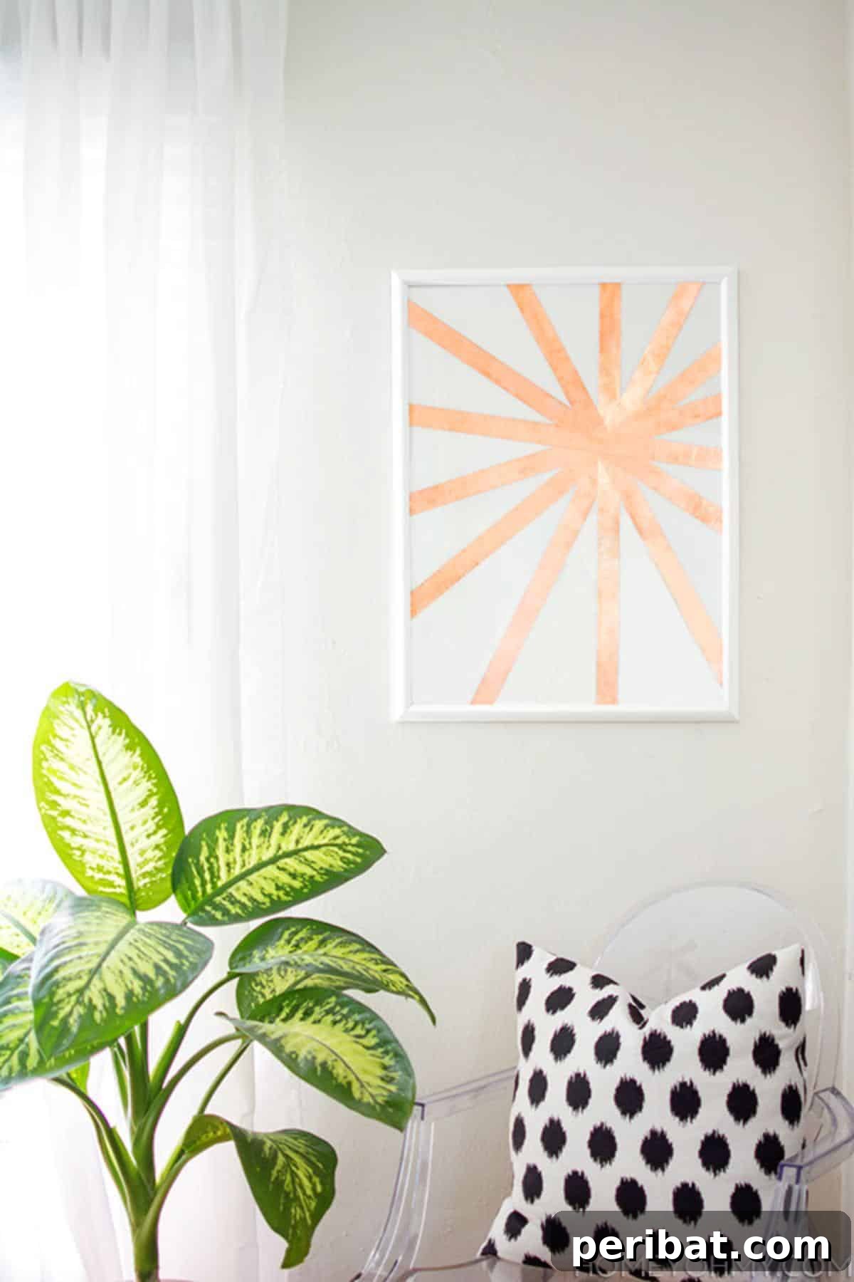 43 Easy DIY Canvas Art Projects for Stunning Home Decor 27 DIY Copper Wall Art featuring geometric patterns created with shiny copper tape on a minimalist canvas.