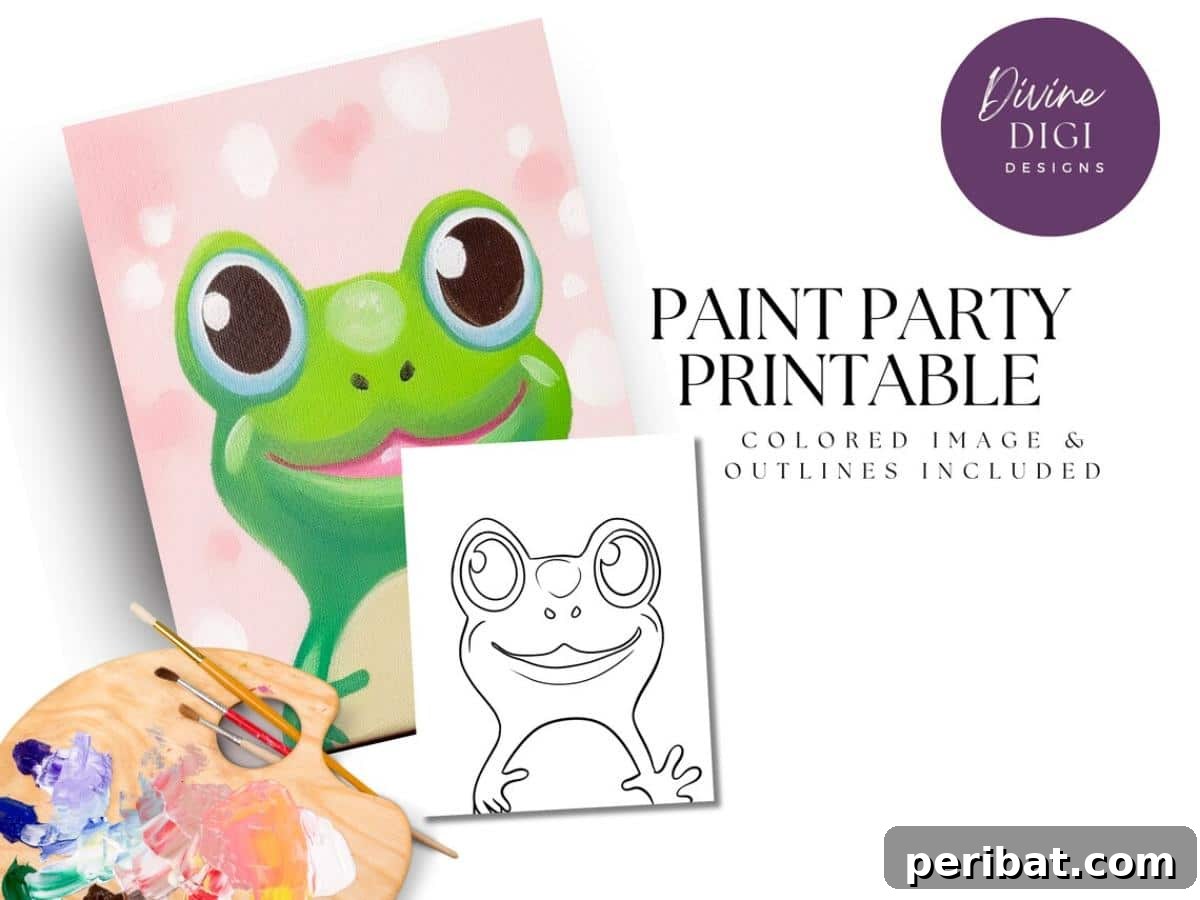 43 Easy DIY Canvas Art Projects for Stunning Home Decor 42 DIY Paint Party Printable featuring a cute, pre-drawn character ready for a group painting session.