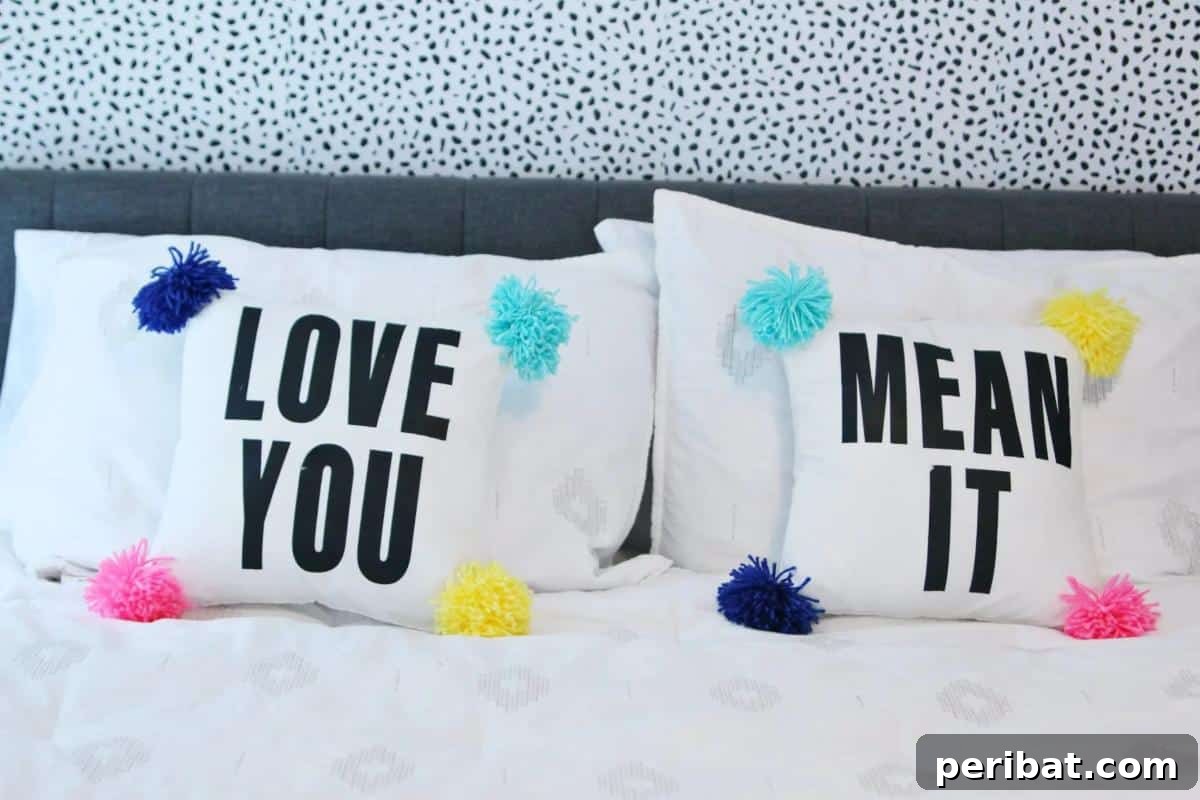 47 Inspiring DIY Throw Pillow Designs 11 A playful DIY pom-pom pillow featuring custom text, adding a personalized and colorful touch.
