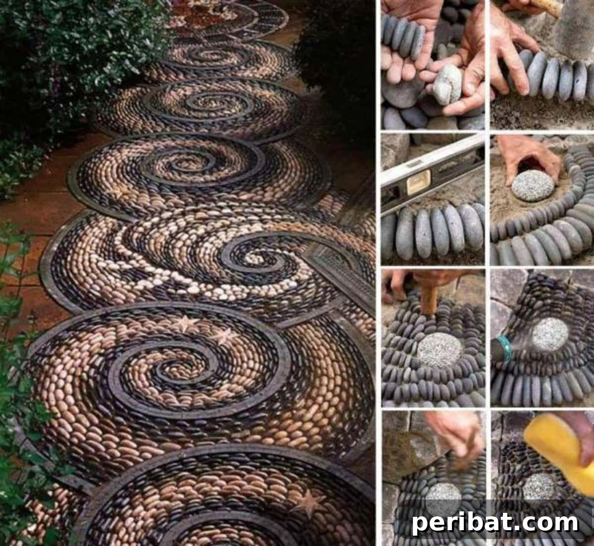 Wonderful DIY Spiral Rock Mosaic Path