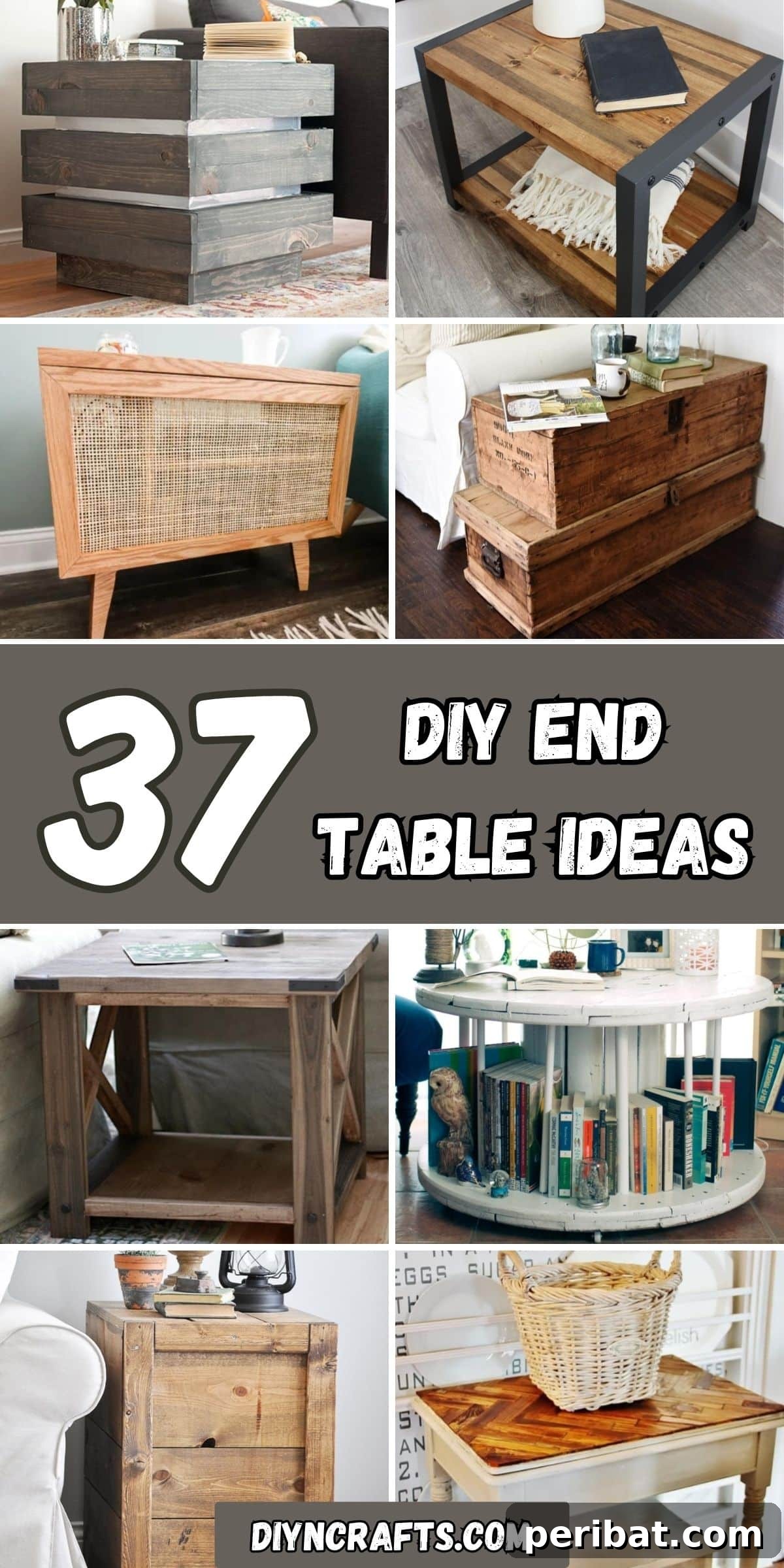 37 Simple and Stylish DIY End Tables 2 A vibrant collage featuring 37 diverse DIY end table ideas, showcasing various styles from rustic to modern, and different materials like wood, metal, and repurposed items, all designed to inspire creative home decor projects.