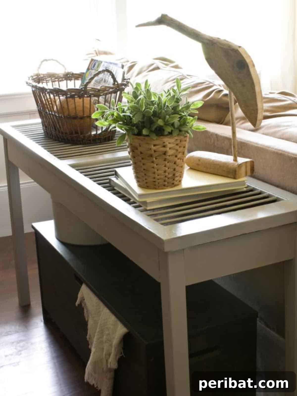 37 Simple and Stylish DIY End Tables 11 Elegant shutter console table, upcycled from antique wooden shutters, creating a charming and narrow entryway piece.