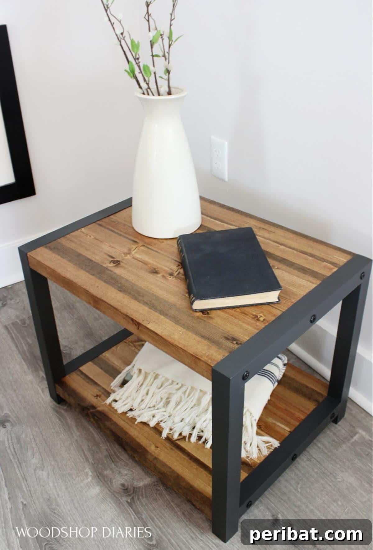 37 Simple and Stylish DIY End Tables 24 Functional DIY end table with an integrated shelf, cleverly constructed using only 2x2 lumber, demonstrating efficient design.