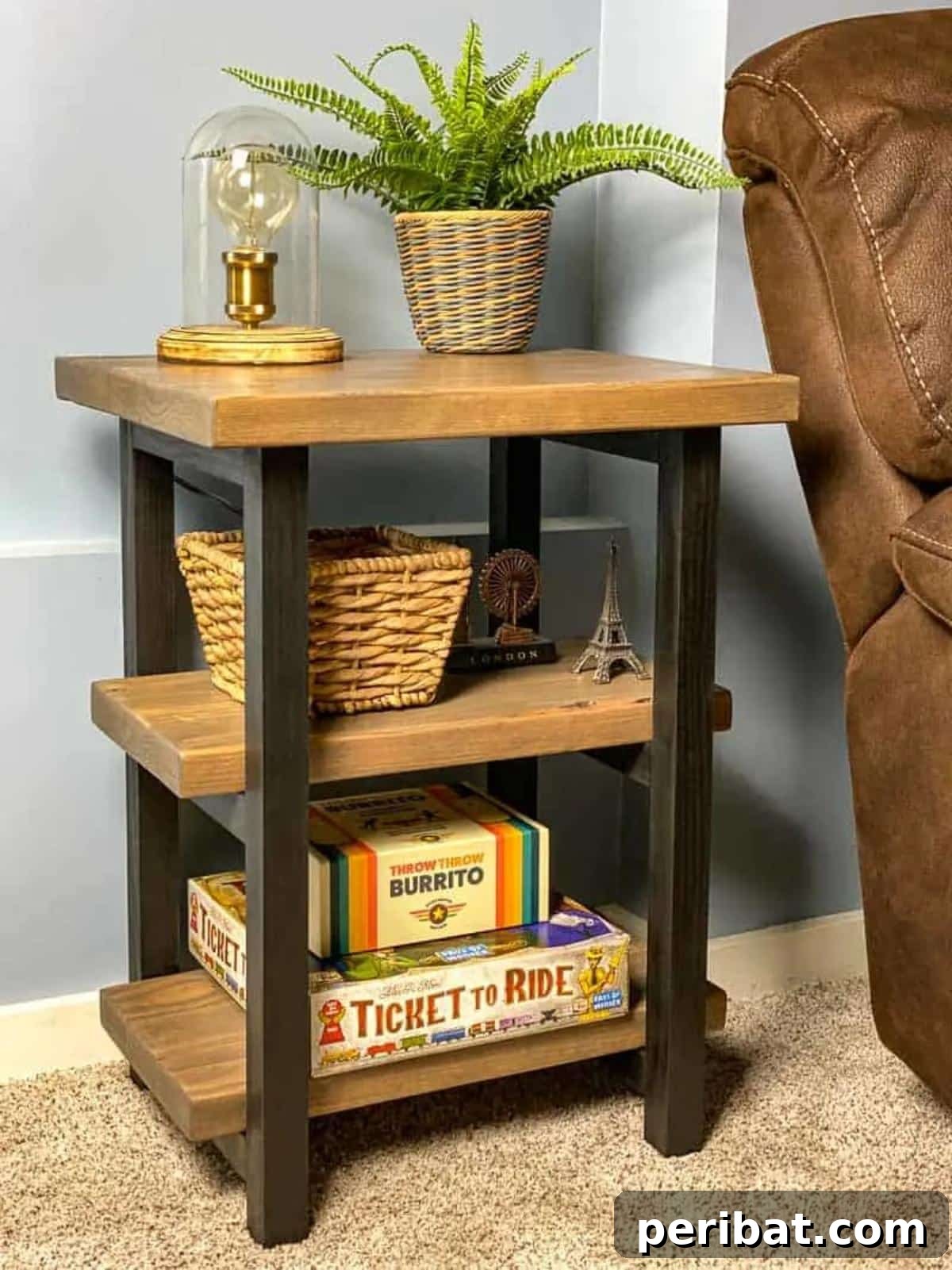 37 Simple and Stylish DIY End Tables 33 Classic DIY rustic end table with a sturdy design and visible wood grain, featuring available detailed building plans.