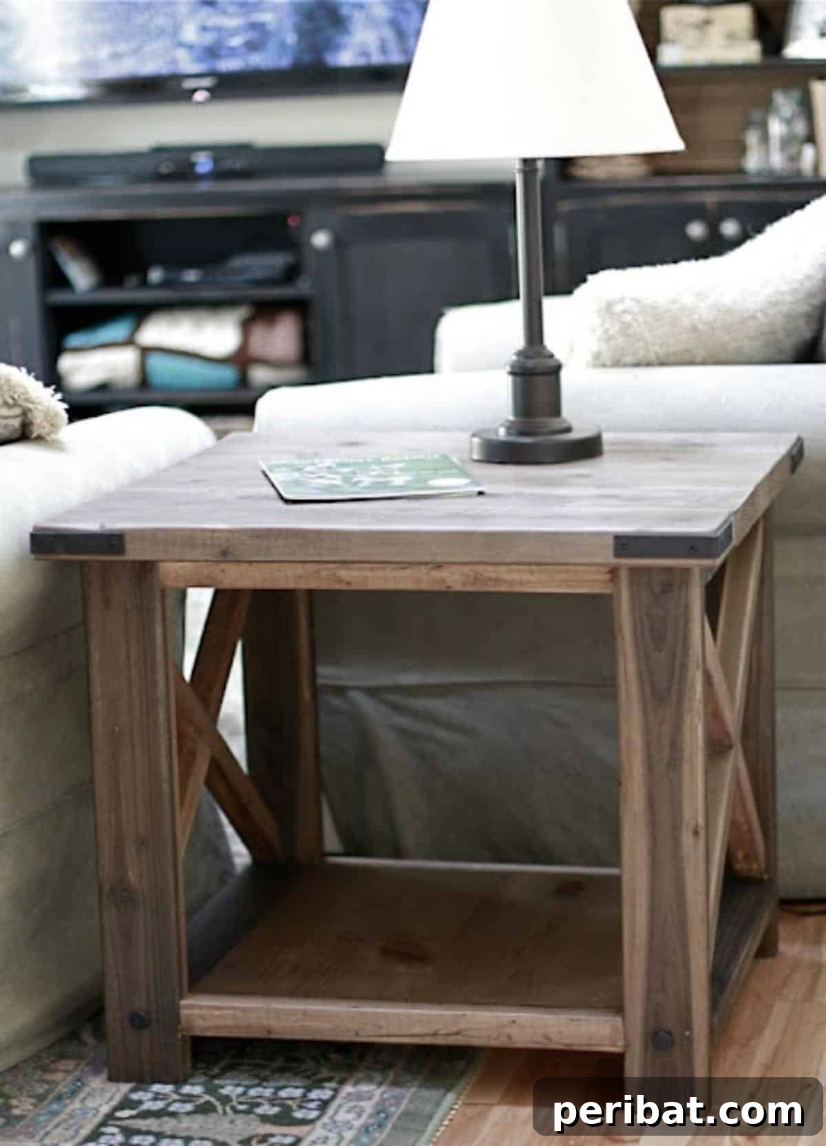 37 Simple and Stylish DIY End Tables 5 Charming rustic X-base end table crafted from natural wood, perfect for farmhouse or country decor.