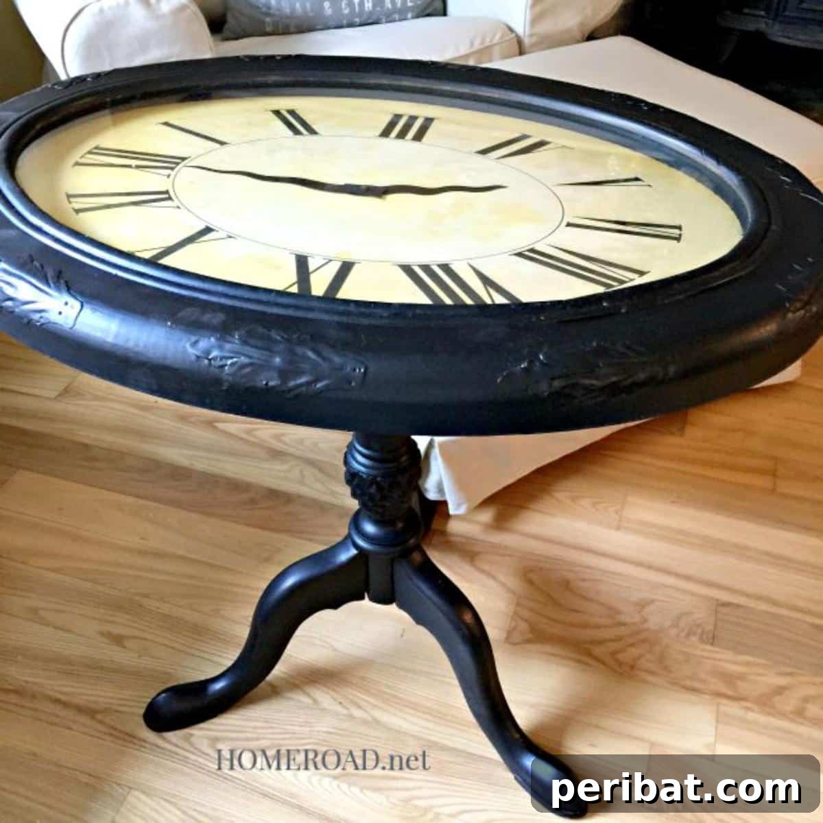 37 Simple and Stylish DIY End Tables 7 Unique repurposed clock table, featuring an antique clock face as the tabletop, supported by decorative legs.