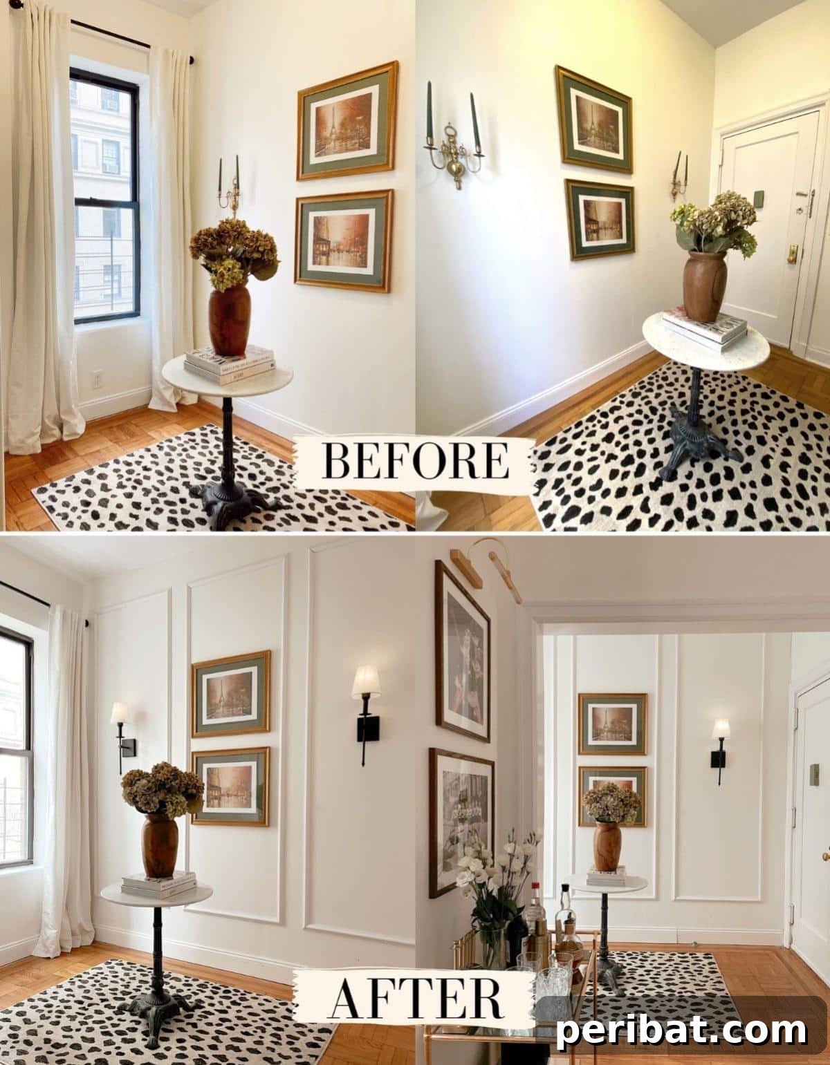 DIY Renter-Friendly Wall Molding before and after.