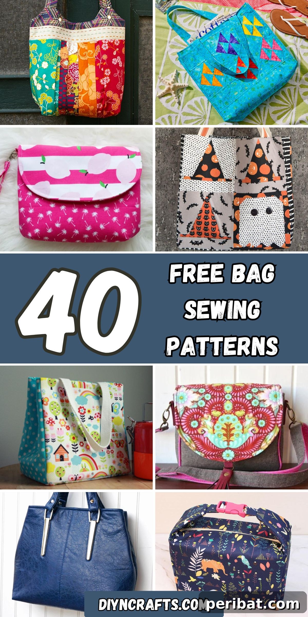A vibrant collage of 40 different free bag sewing patterns, showcasing a diverse range of styles from totes and clutches to messenger bags and duffles, all designed for creative sewers.