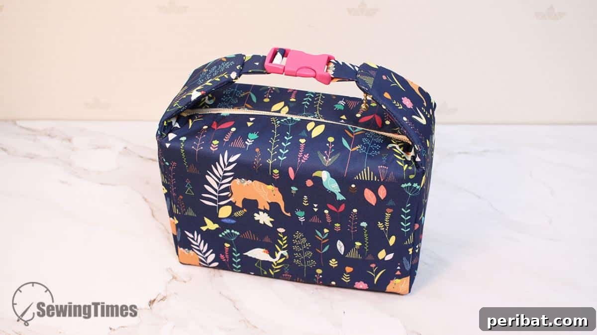 A practical DIY Insulated Lunch Bag, designed to keep food fresh with a zip-top closure and a handle with a clip buckle.