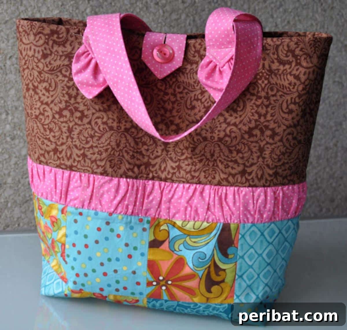 A vibrant Spirit Tote Bag, designed for mixing and matching fabrics to express individuality and personal style.
