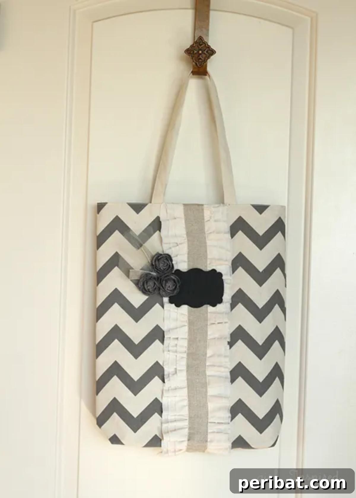 A playful Ruffled Tote Bag, featuring a chalkboard pattern and whimsical ruffles that add a touch of charm and fun to any outfit.