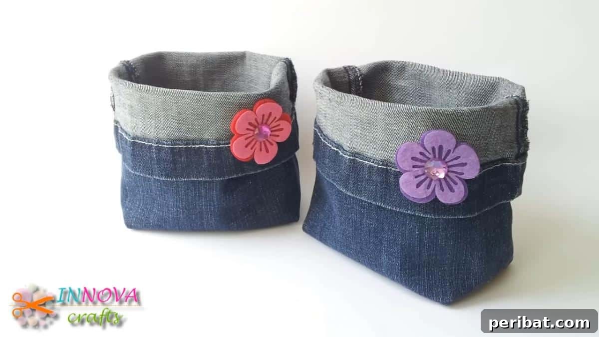 A charming and durable bag skillfully made from repurposed denim jeans, highlighting creative reuse.