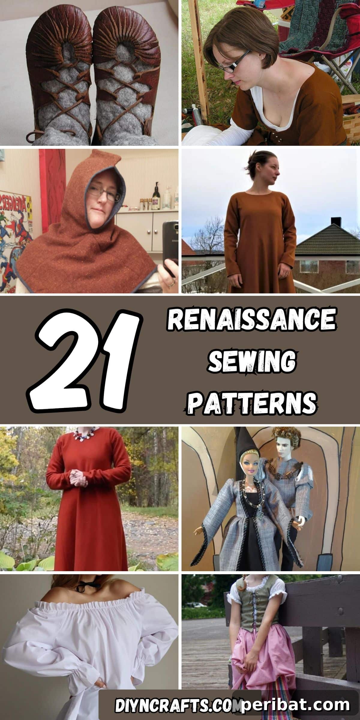 A collage of 21 diverse Renaissance-inspired sewing patterns, showcasing historical garments like gowns, tunics, hoods, and accessories.