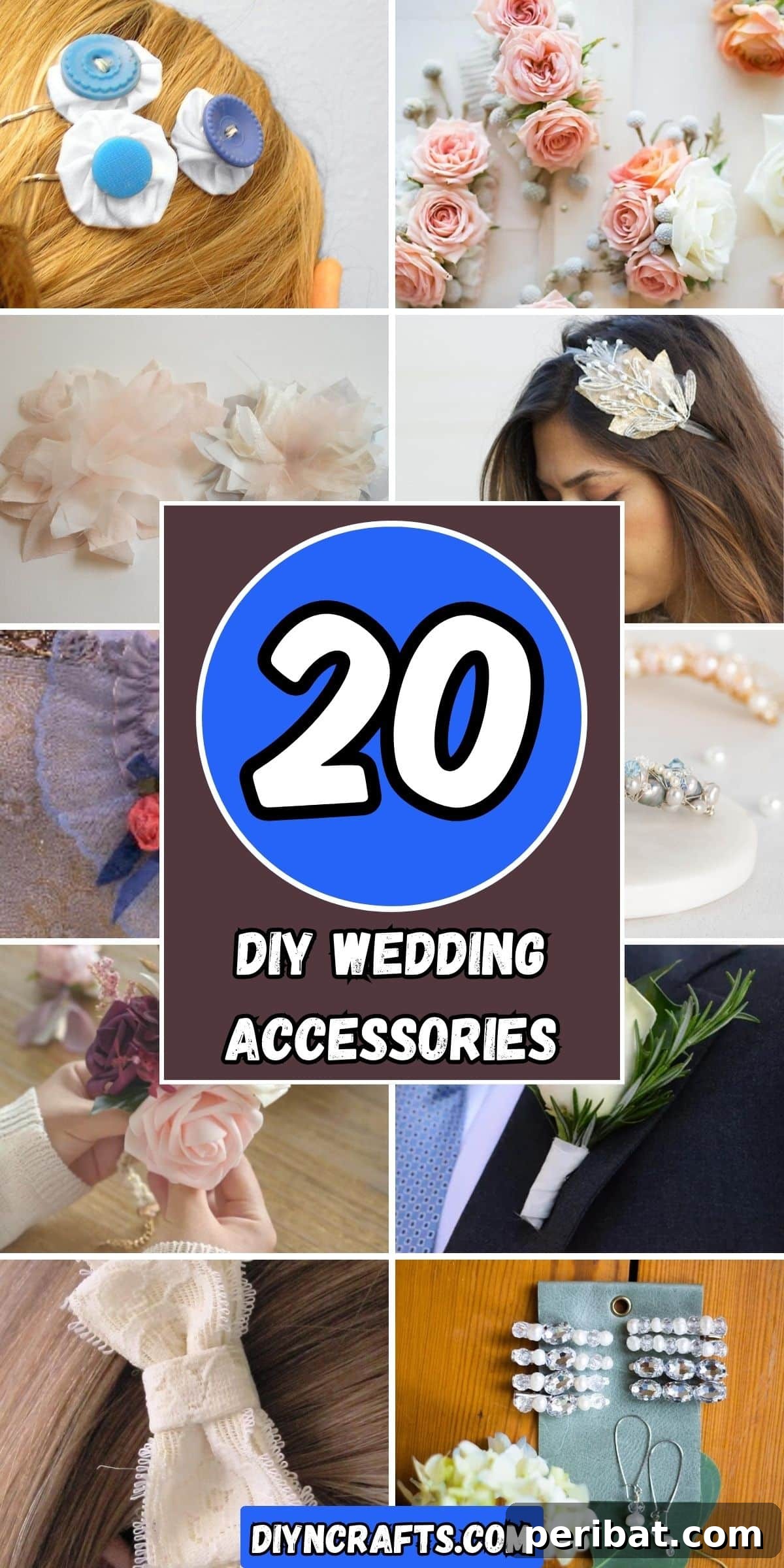Craft Your Dream Wedding: 20 DIY Accessory Ideas 2 A collage showcasing various DIY wedding accessories, including a boutonniere, hair comb, flower crown, and veil, highlighting creativity and personalization for the special day.