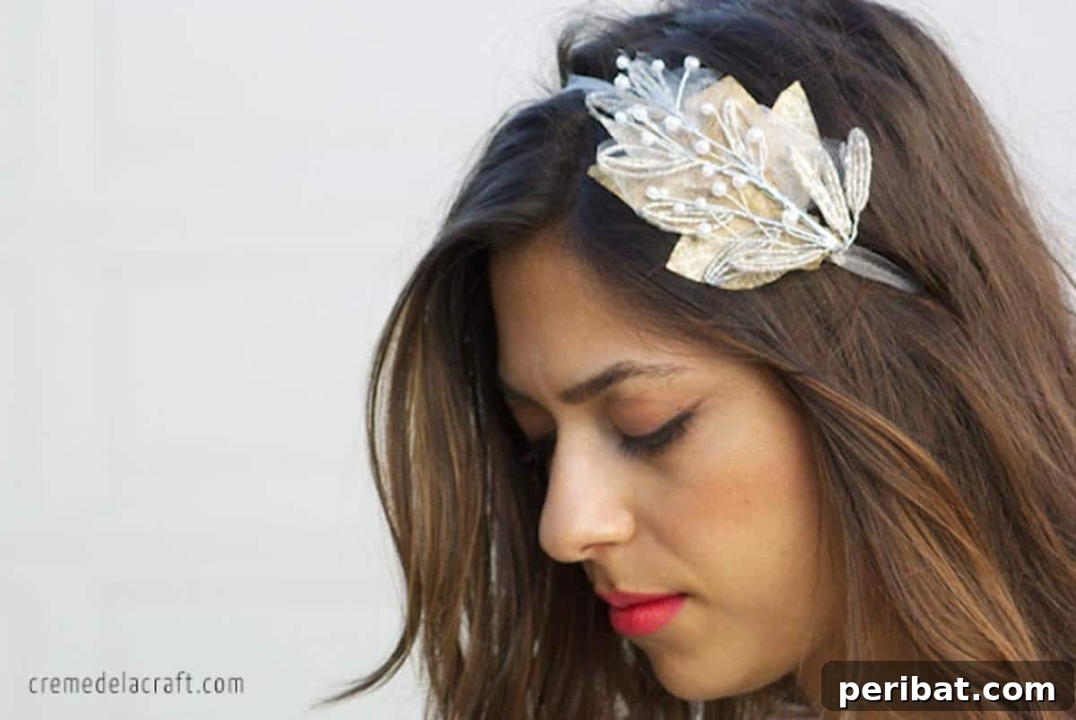 Craft Your Dream Wedding: 20 DIY Accessory Ideas 13 A elegant DIY beaded bridal headband adorned with intricate beading and delicate ribbon, designed to add sparkle to a wedding hairstyle.