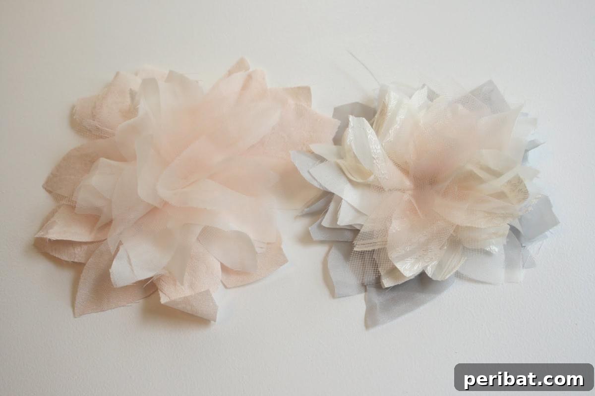 Craft Your Dream Wedding: 20 DIY Accessory Ideas 15 A close-up of intricate DIY fabric flowers, crafted from silk scraps and tulle, elegantly adorning a wedding dress or accessory.