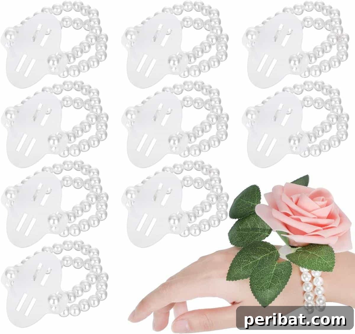 Craft Your Dream Wedding: 20 DIY Accessory Ideas 22 Elastic pearl wrist bands with a floral attachment base, designed for crafting DIY corsages for weddings, proms, and festivals.