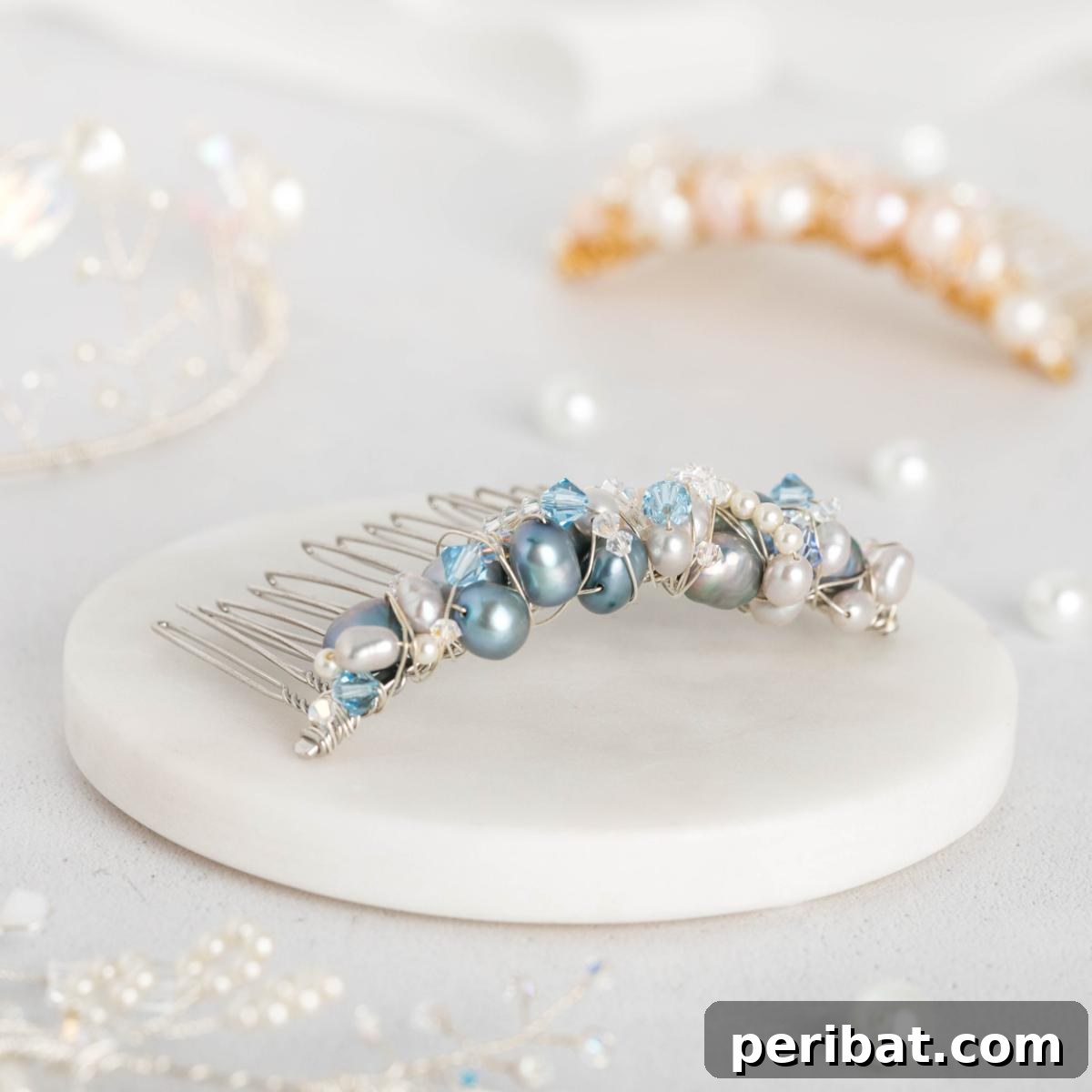 Craft Your Dream Wedding: 20 DIY Accessory Ideas 4 A close-up of a delicate DIY bridal hair comb featuring crystal clusters and freshwater pearls, perfect for adding a sparkling touch to a wedding hairstyle.