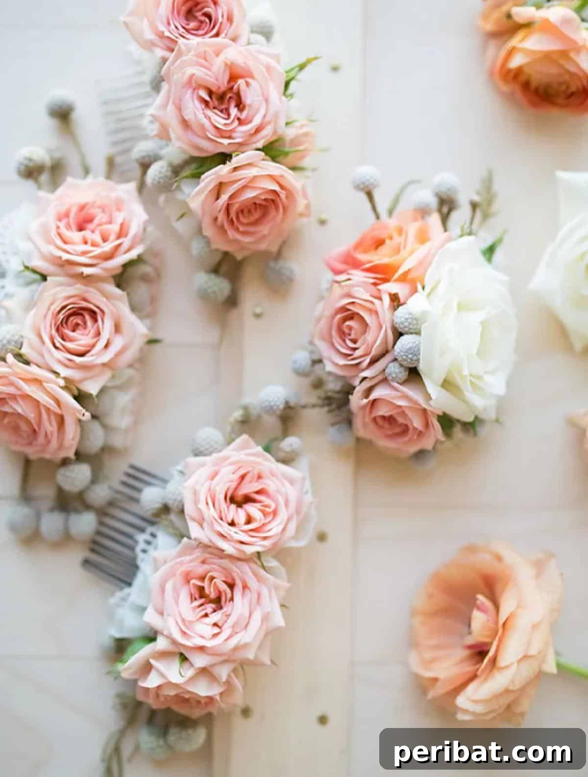 Craft Your Dream Wedding: 20 DIY Accessory Ideas 7 A close-up of a beautifully arranged DIY flower comb featuring various small blooms and leaves, designed to complement a wedding hairstyle.