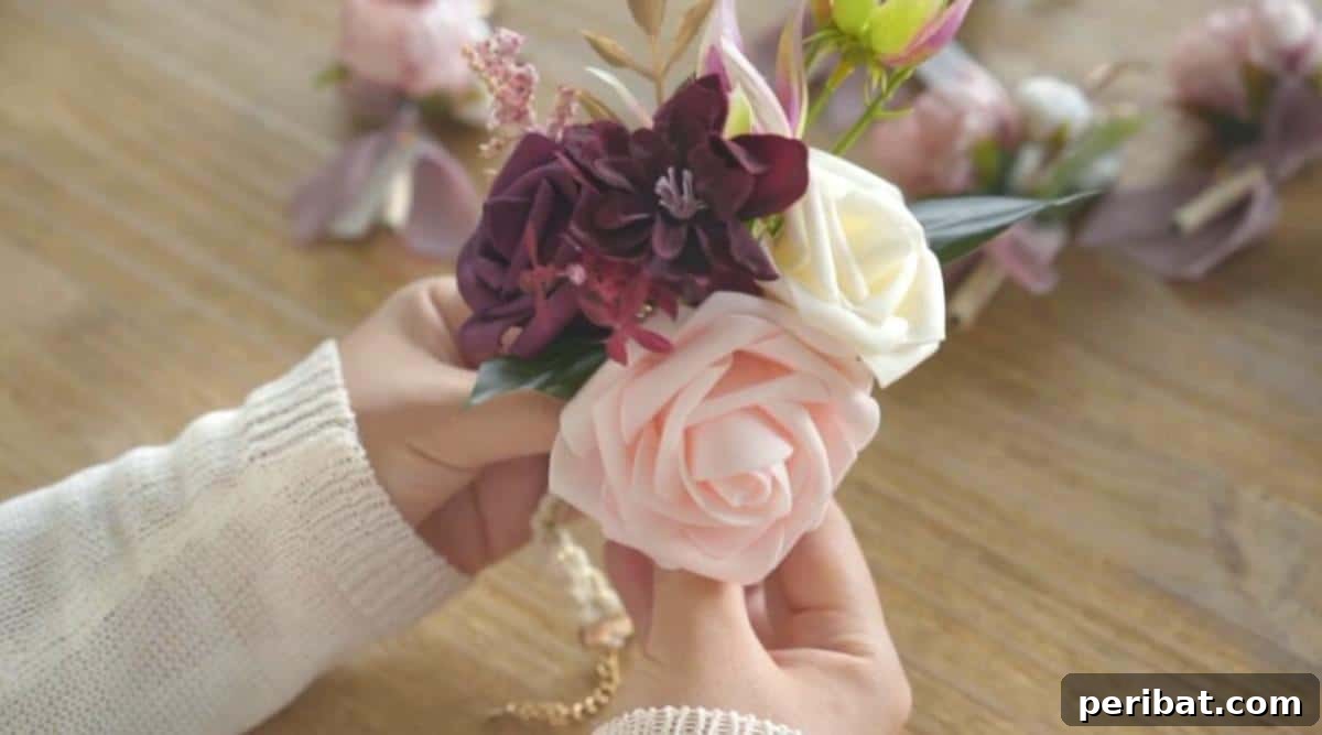 Craft Your Dream Wedding: 20 DIY Accessory Ideas 10 A delicate DIY wrist corsage featuring a cluster of white and pink flowers with green foliage, elegantly tied with a ribbon, suitable for bridesmaids or mothers of the bride/groom.