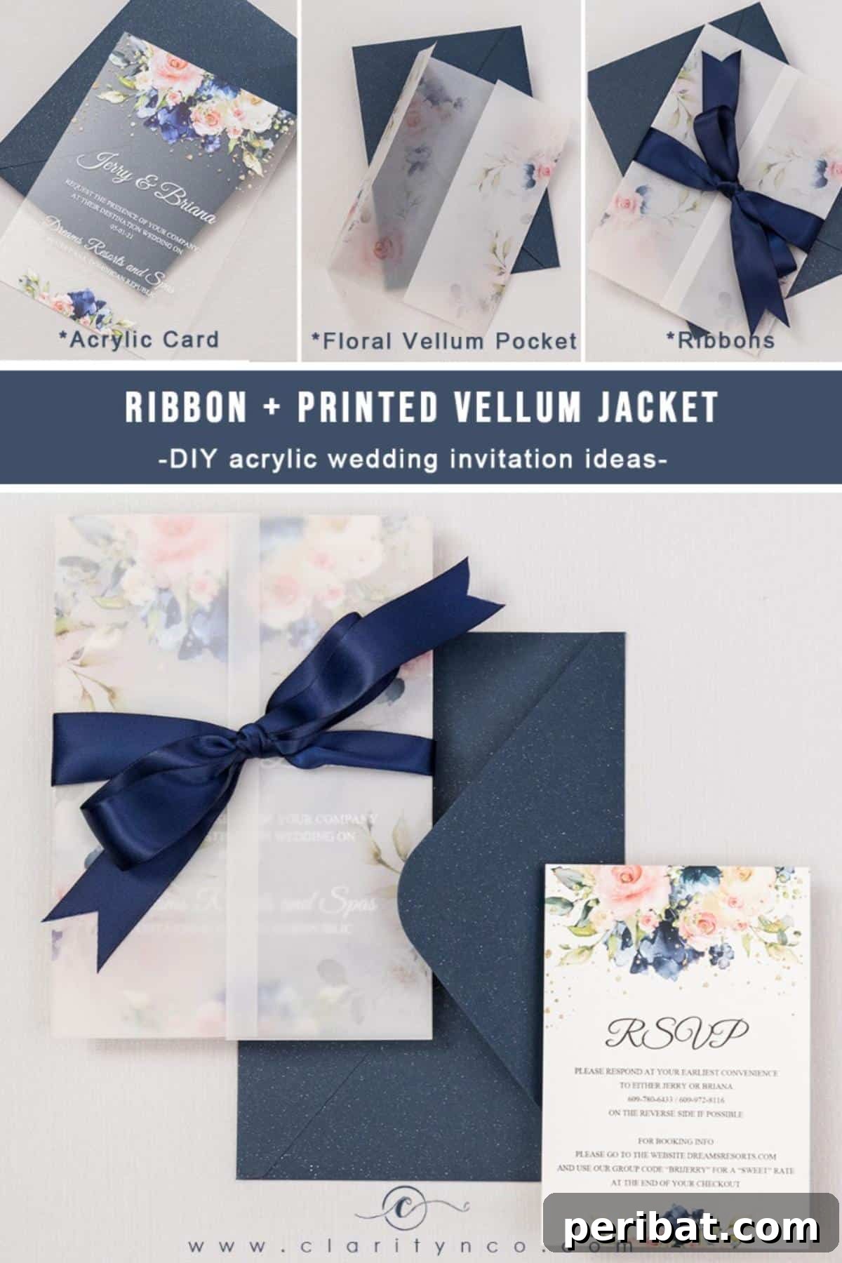 Stunning DIY Wedding Invites: 33 Creative Ideas and Starter Kits 16 Flower Vellum Wrap + Ribbon Bow DIY Acrylic Wedding Invitation Ideas