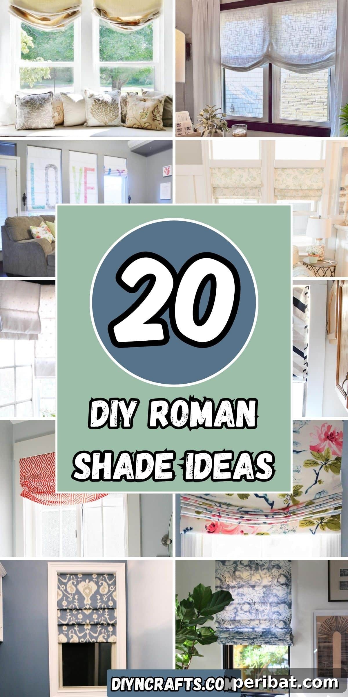 20 Clever DIY Roman Shade Ideas 2 20 DIY Roman Shade Ideas collage showcasing various styles and fabrics.