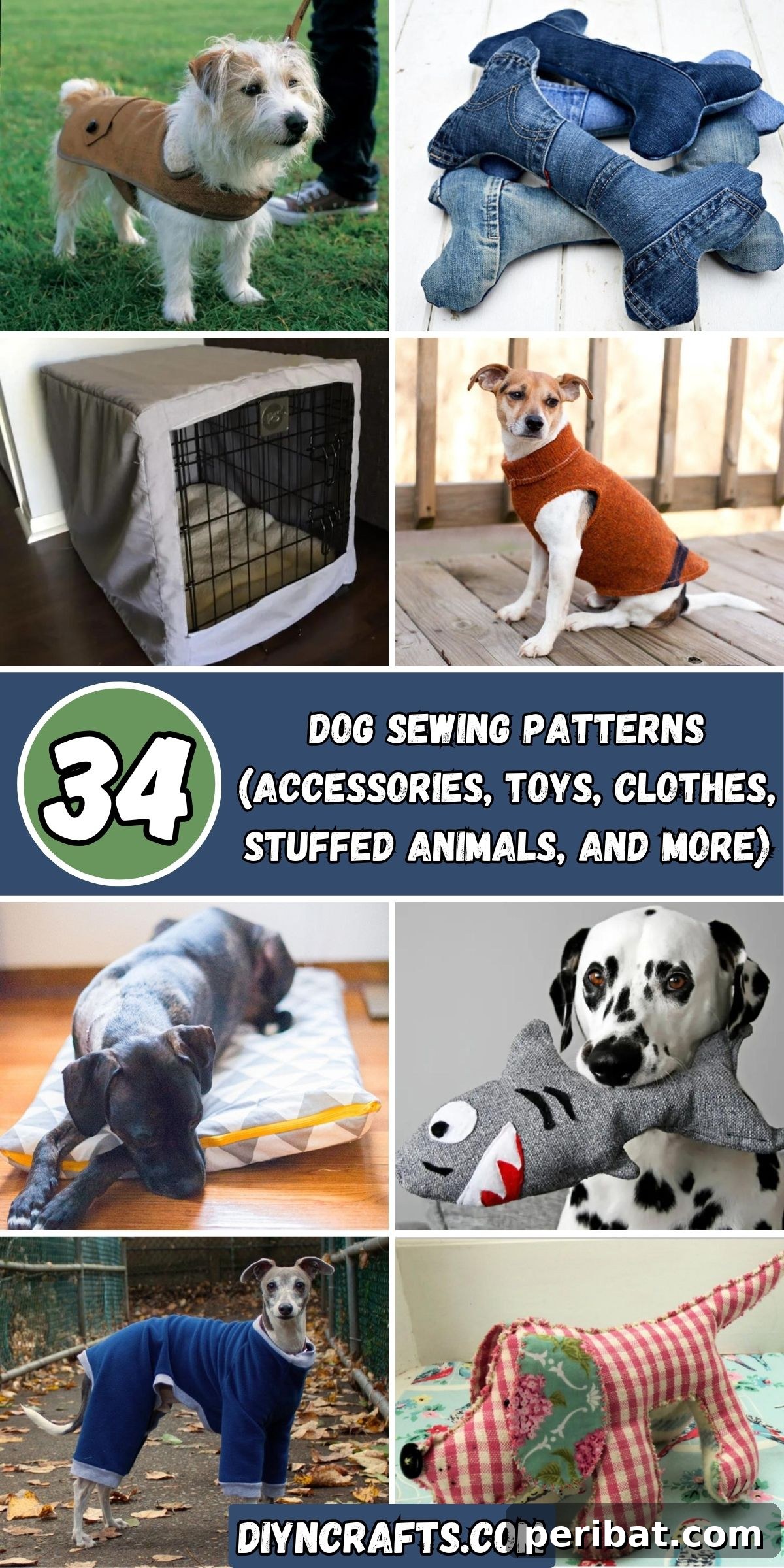 34 Dog Sewing Patterns (Accessories, Toys, Clothes, Stuffed Animals, and more) collage.