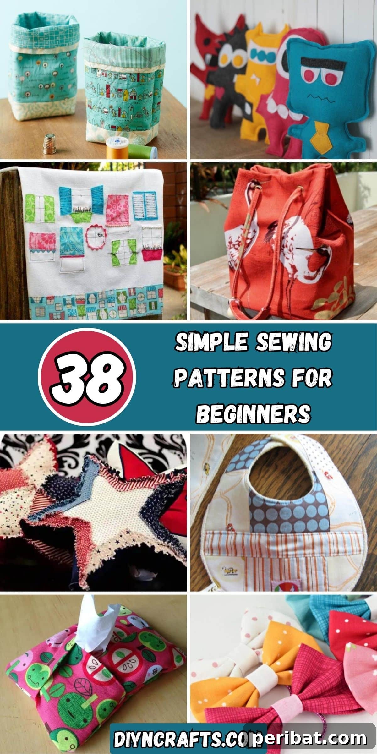Unlock Your Creativity: 38 Beginner Sewing Projects 2 A collage of 38 simple sewing patterns for beginners, showcasing various easy DIY projects like bowl cozies, bags, hair accessories, and home decor items.