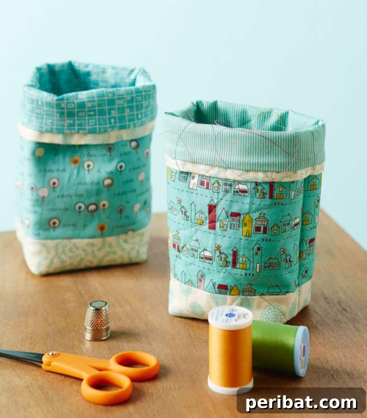 Unlock Your Creativity: 38 Beginner Sewing Projects 18 A collection of colorful Thread Catcher Bags attached to sewing machines.