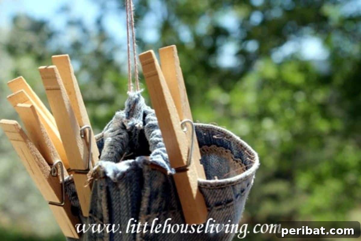 Unlock Your Creativity: 38 Beginner Sewing Projects 20 A rustic Homemade Clothespin Bag hanging on a clothesline.