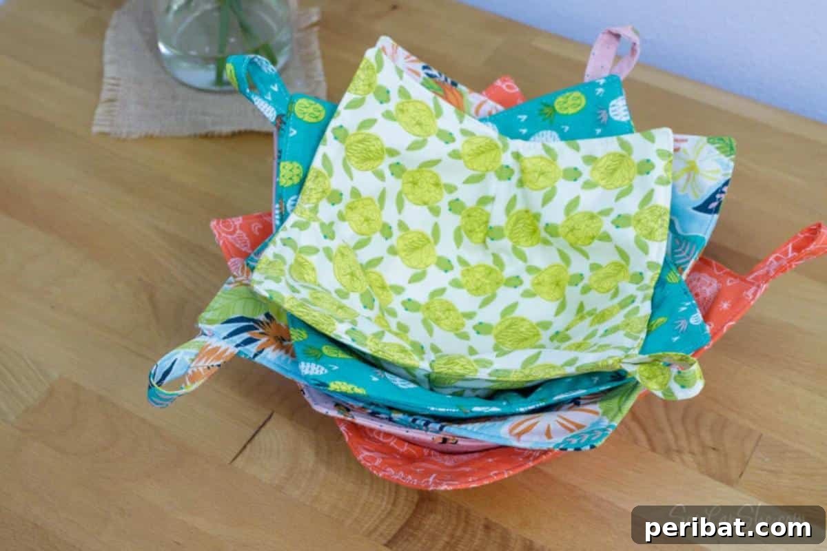 Unlock Your Creativity: 38 Beginner Sewing Projects 3 DIY Bowl Cozy in various patterns, perfect for protecting hands from hot or cold bowls.