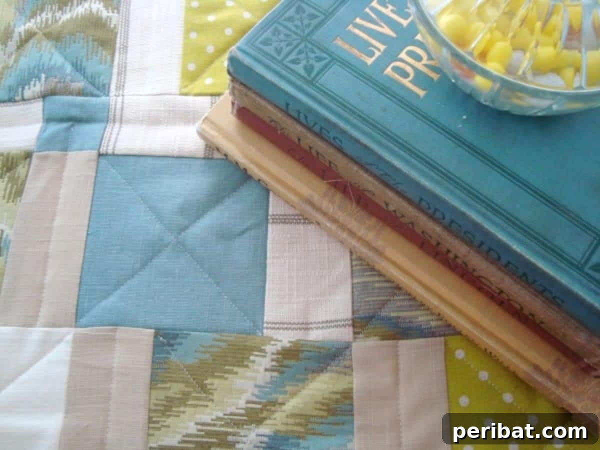 Unlock Your Creativity: 38 Beginner Sewing Projects 37 A colorful 9-Plus-1 Table Quilt, showcasing a central focal point surrounded by nine squares.