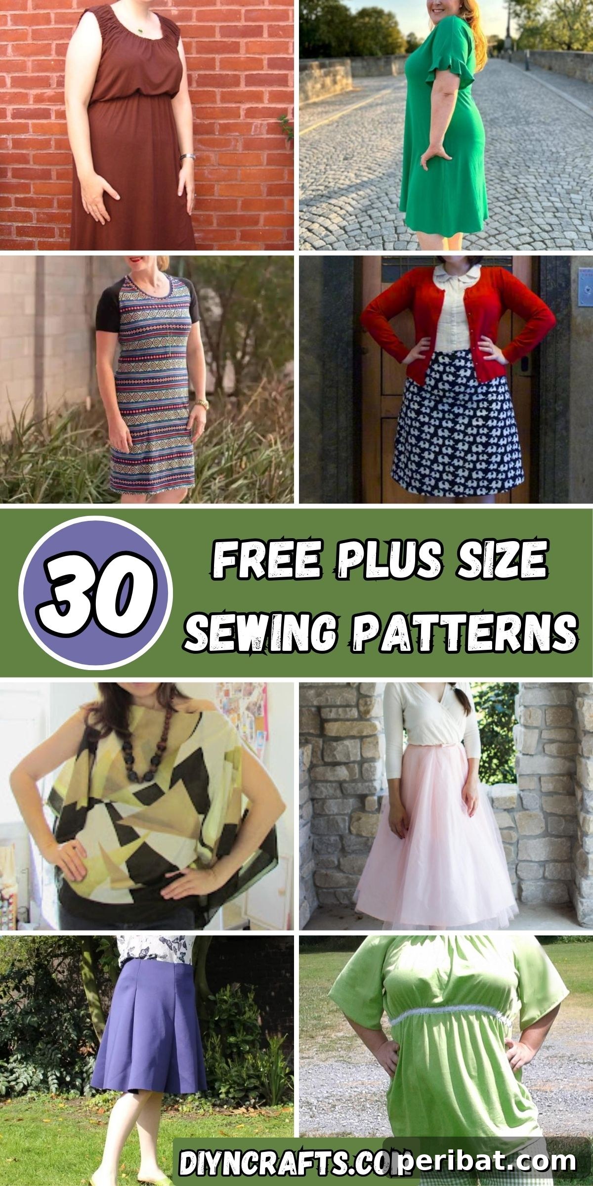 30 Free Plus Size Sewing Projects 2 30 Free Plus Size Sewing Patterns collage. A curated selection of diverse, stylish, and free or affordable sewing patterns designed specifically for plus-size individuals, featuring various garments like dresses, tops, and pants.