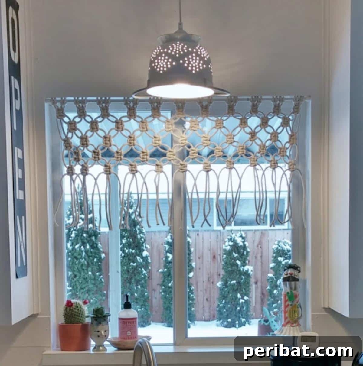 DIY Macrame Kitchen Curtain, adding bohemian warmth and texture.