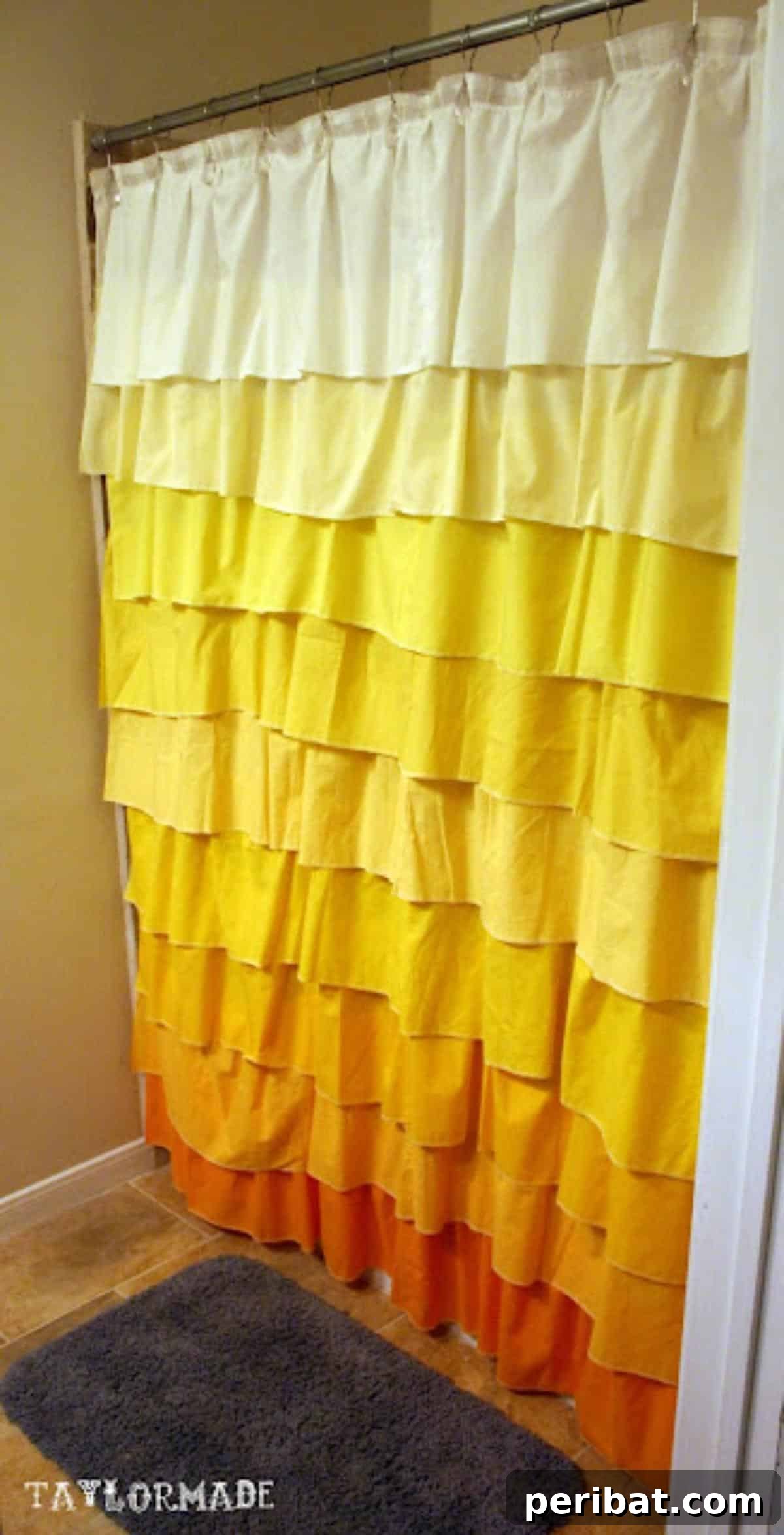DIY Anthropologie Flamenco Shower Curtain in Sunshine, a bright and cheerful bathroom statement.