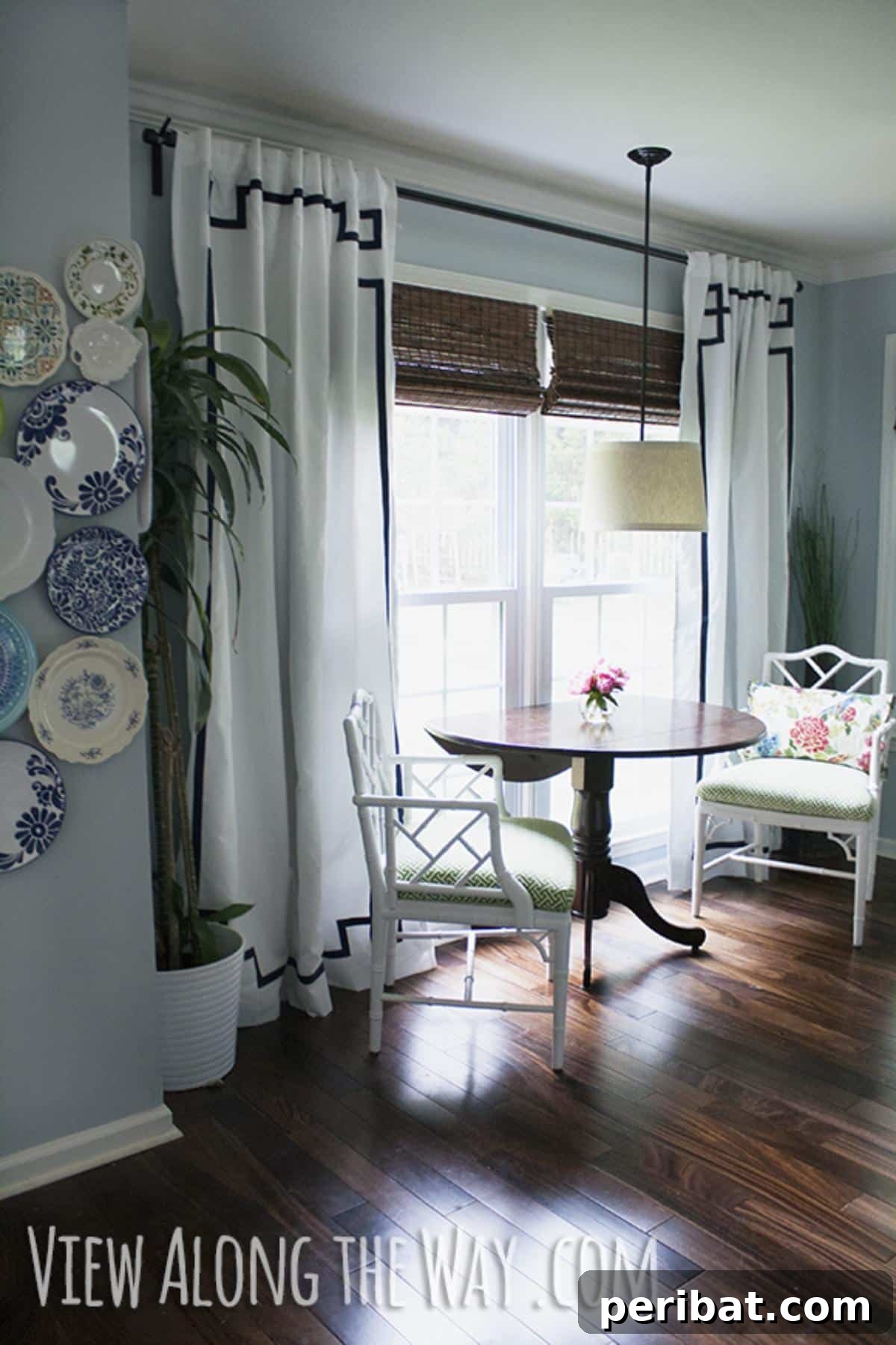 No-Sew DIY Greek Key Curtain Panels, featuring a sophisticated geometric design.