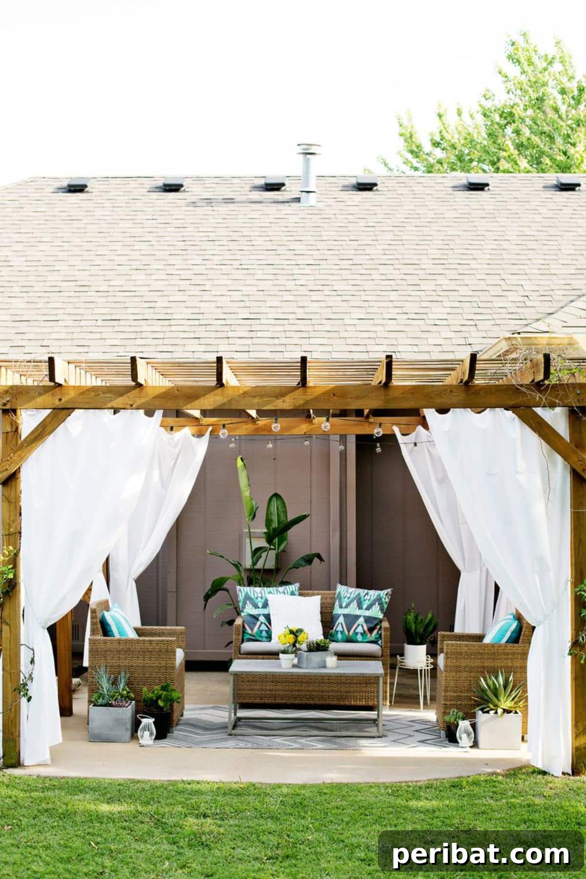 Outdoor Pergola Curtains, creating a luxurious resort feel in a garden.