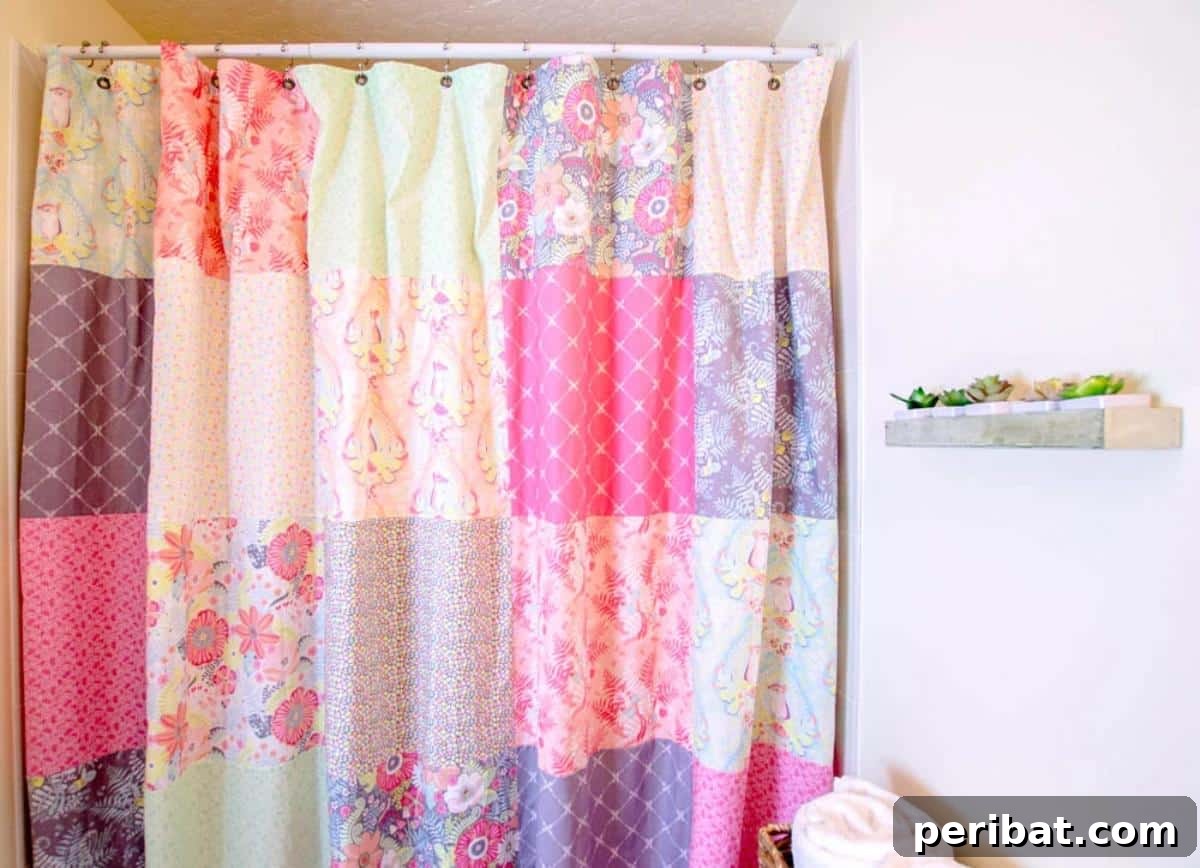Fat Quarter Patchwork Shower Curtain, a vibrant and unique bathroom accent.