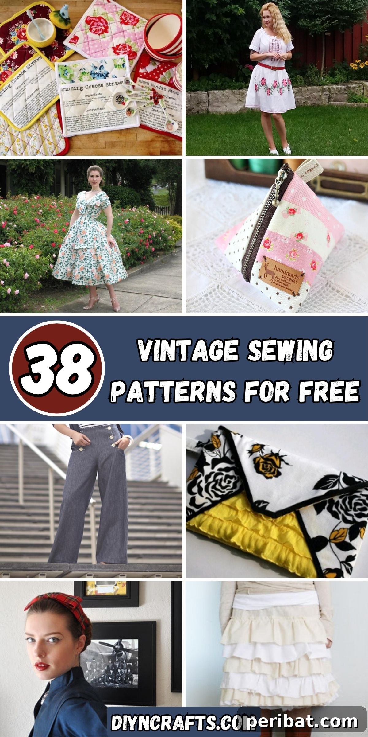 Discover 38 Free Vintage Sewing Patterns 2 A collage of 38 diverse free vintage sewing patterns, featuring dresses, skirts, hats, and accessories from different eras.