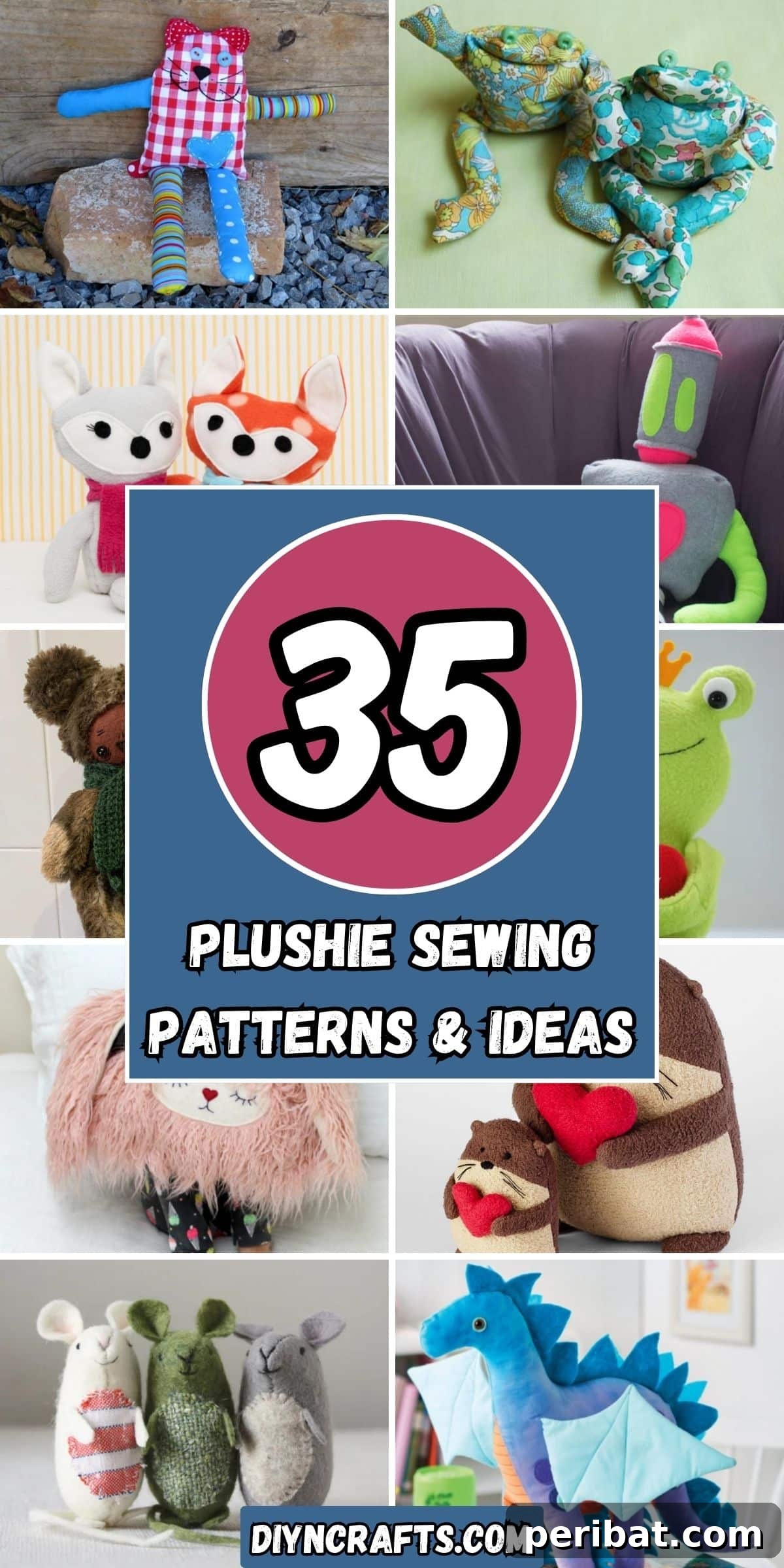 35 Plushie Sewing Patterns & Ideas collage, featuring a diverse collection of handmade stuffed animals.