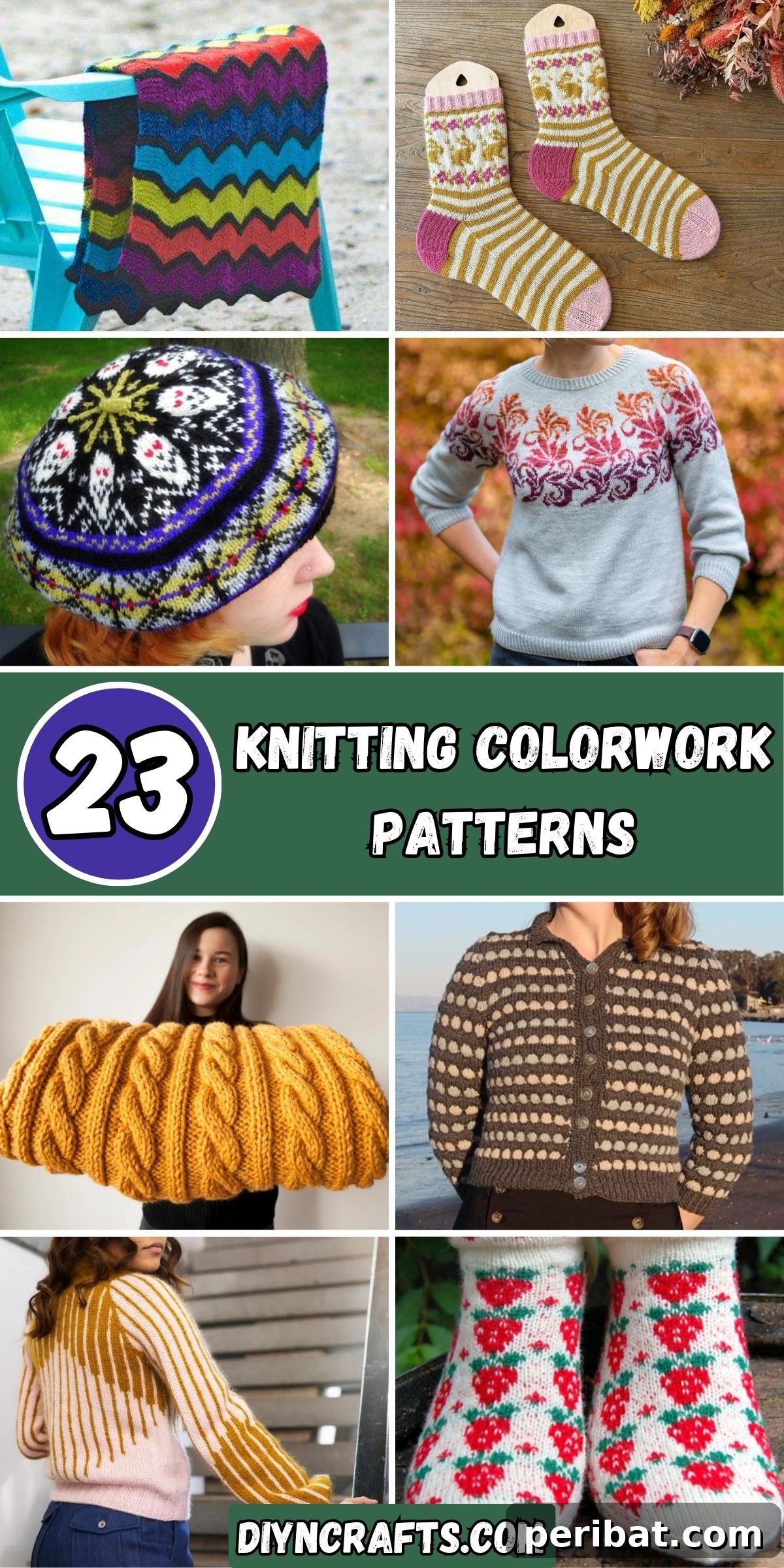 23 Knitting Colorwork Patterns collage featuring a variety of colorwork projects like hats, sweaters, scarves, and blankets.